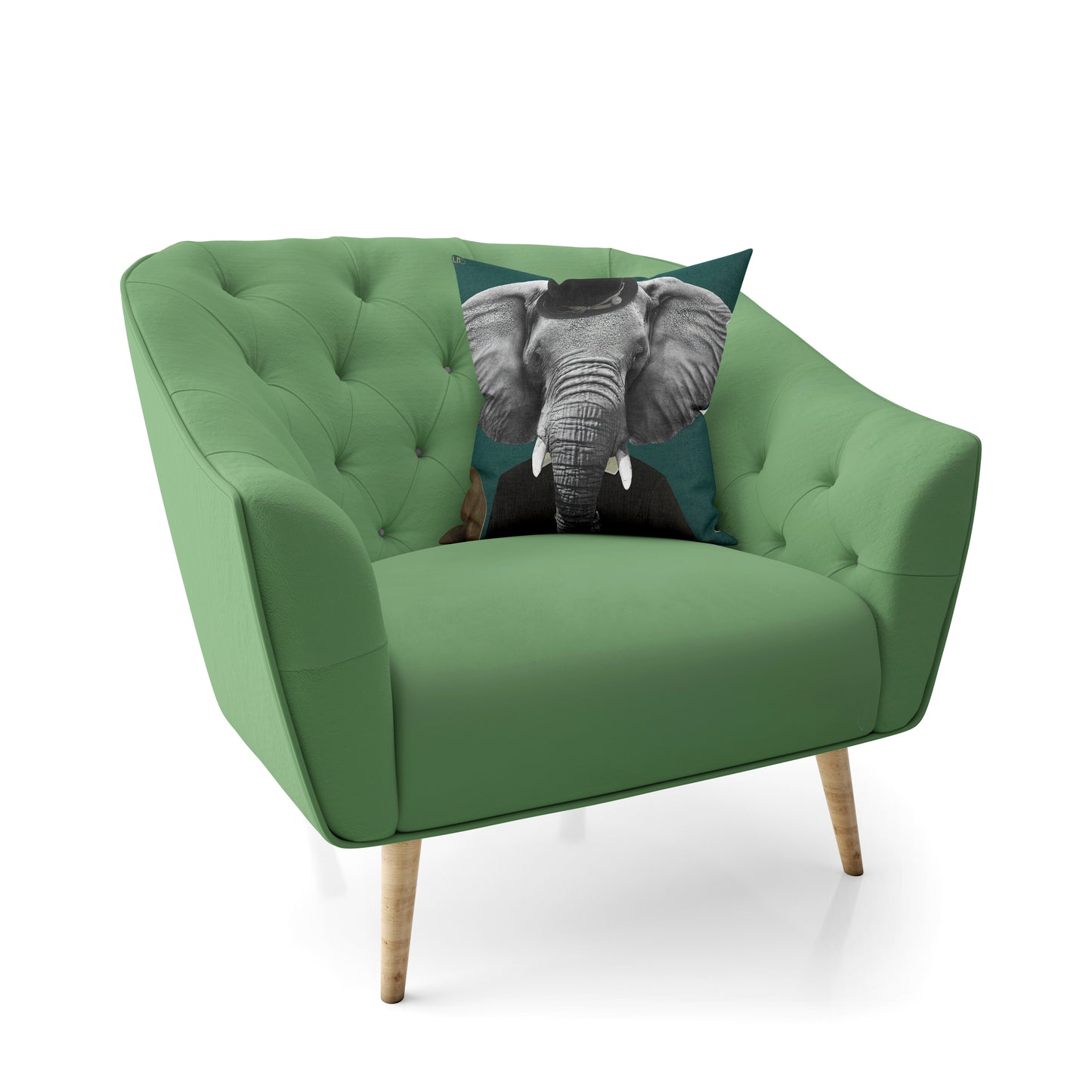 un fauteuil avec un coussin illustré d'un éléphant, une décoration intérieure unique et tendance, un cadeau de noël parfait