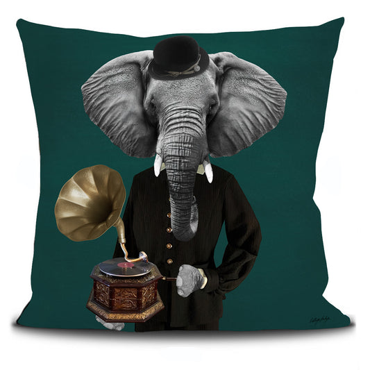 housse de coussin représentant un éléphant avec un chapeau, un costume et un électrophone vintage sur un fond vert