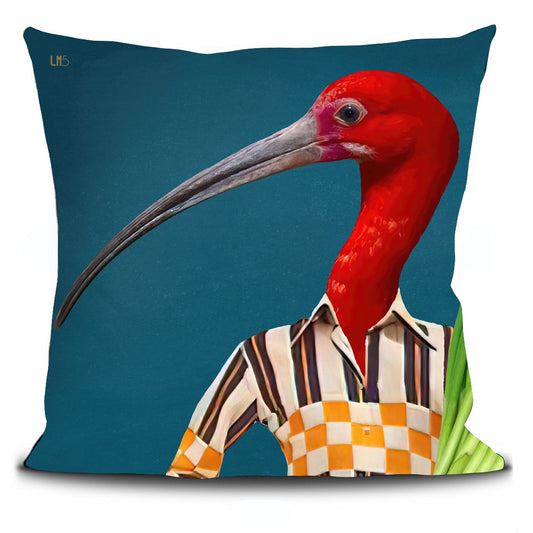 verso d'une housse de coussin pour une décoration personnalisée : portrait d'un personnage avec une tête d'oiseau rouge à long bec