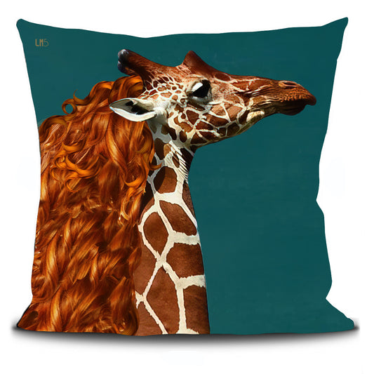 housse de coussin verso : portrait d'une girafe avec une chevelure rousse, composition artistique