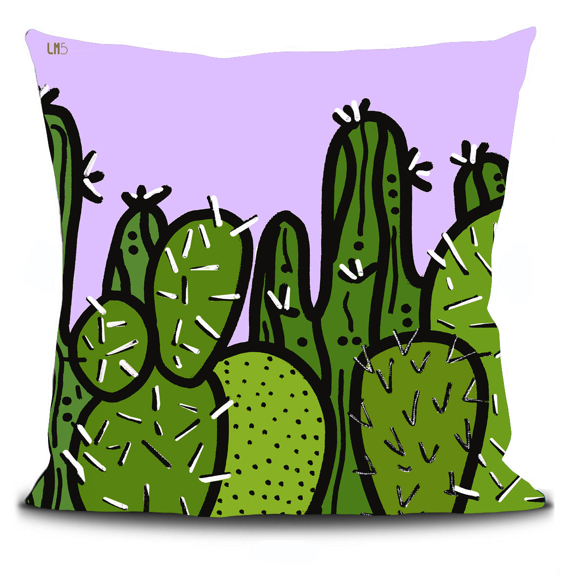Housse de coussin verso représentant des cactus de différentes nuances de couleurs vertes. Le fond est d'une couleur mauve clair