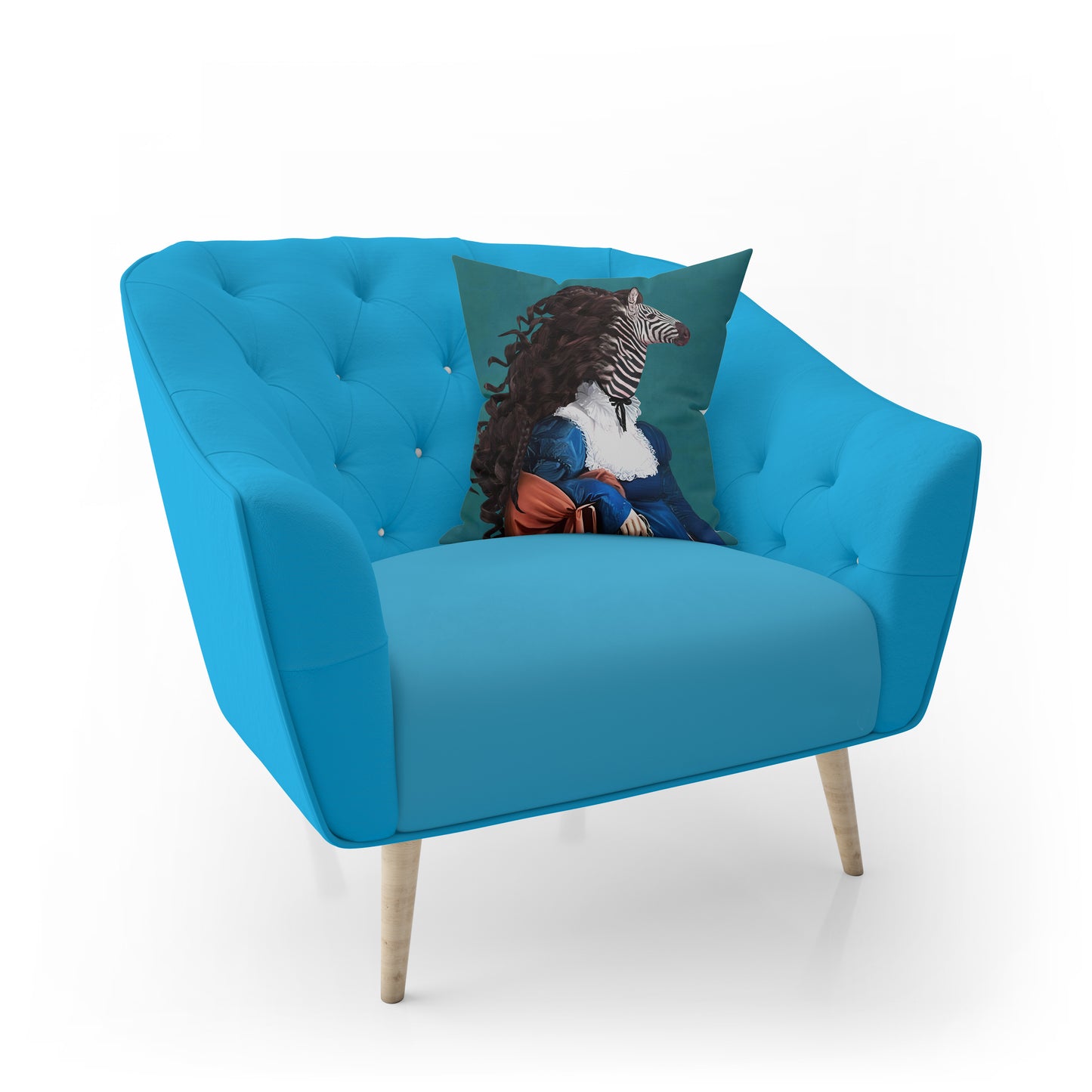 coussin zèbre sur un fauteuil de couleur bleue