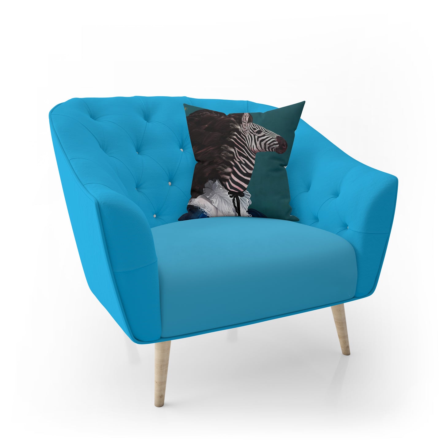 coussin recto avec un animal le zèbre posé sur un fauteuil de couleur bleue